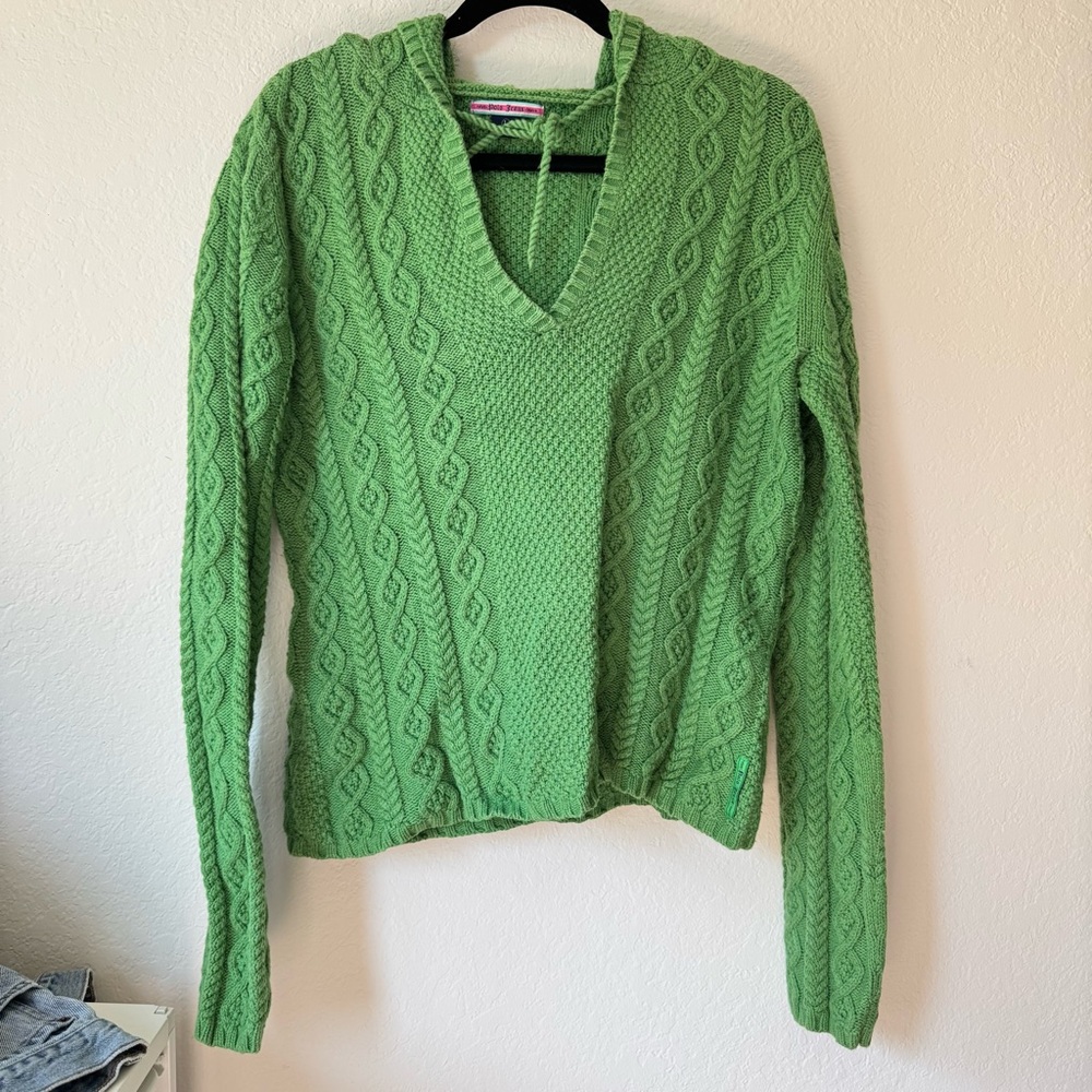 Y2K Polo Jeans Ralph Lauren Green Hooded Cable Knit Sweater Tie V Neck Size L